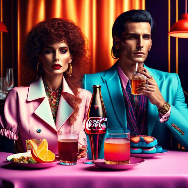 Vintage fashion couple with Coca-Cola bottle at table