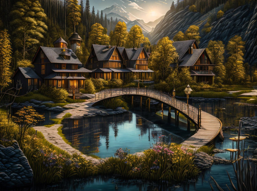 Tranquil lake scene with rustic houses, wooden bridge, lush trees, and towering cliffs