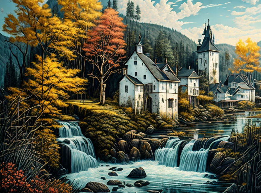 Autumn landscape with waterfall, traditional houses, and forest view