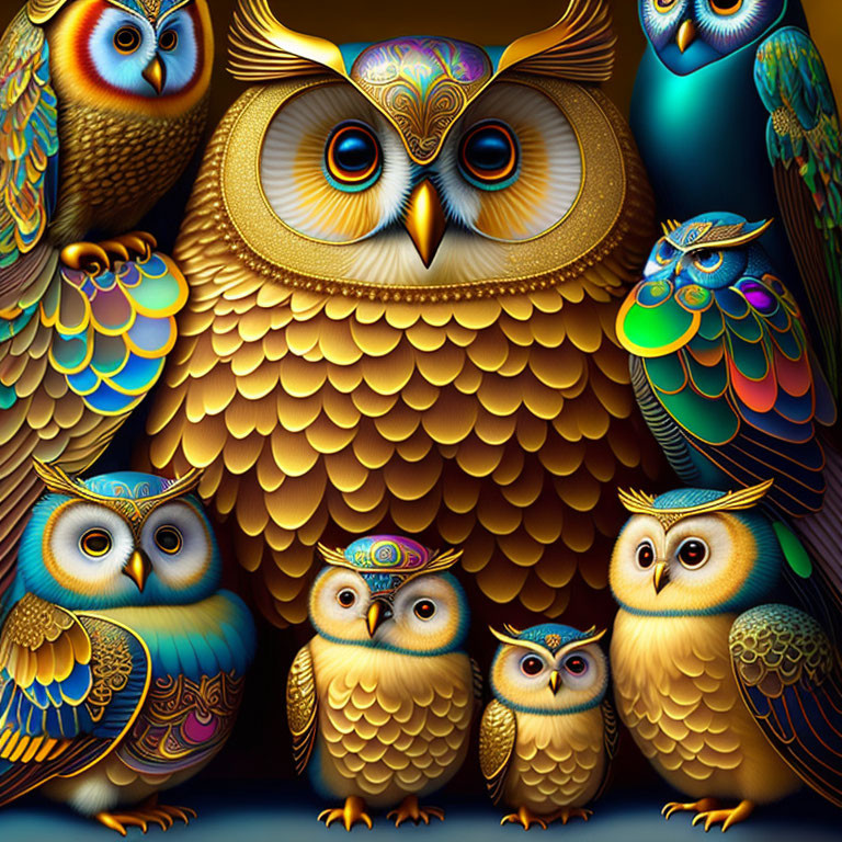 Colorful stylized owl family art on dark background