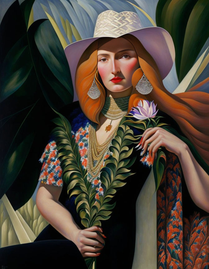 Vibrant woman portrait with straw hat and flowers in intricate design