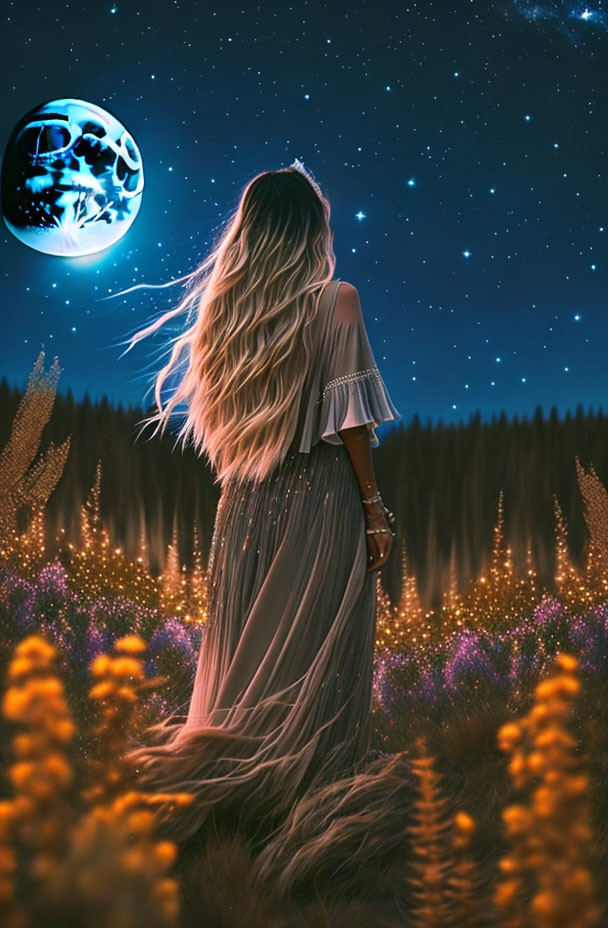 Woman in flowing dress under starry sky with large moon