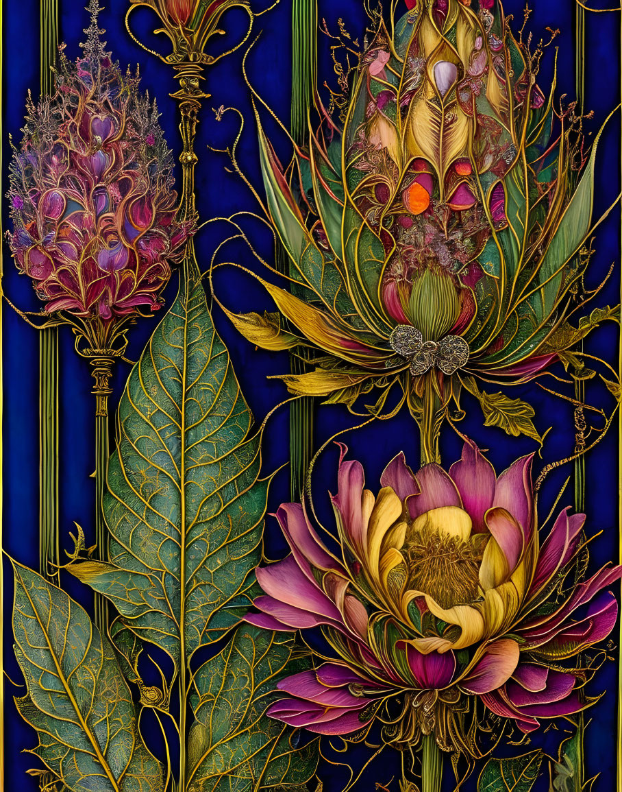 Detailed botanical illustration with jewel tones on dark blue.