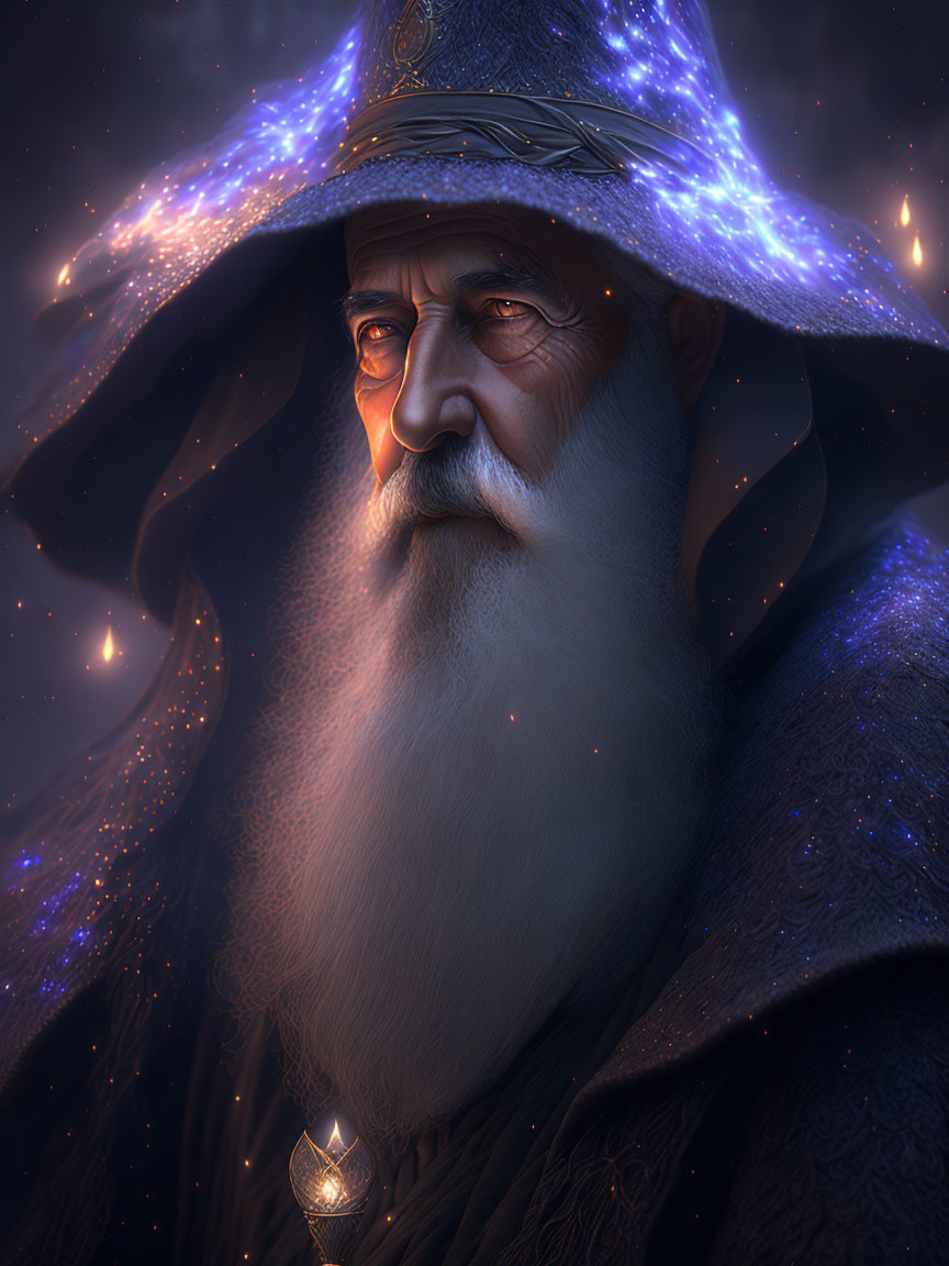 Bearded wizard with starry hat in mystical, candlelit backdrop