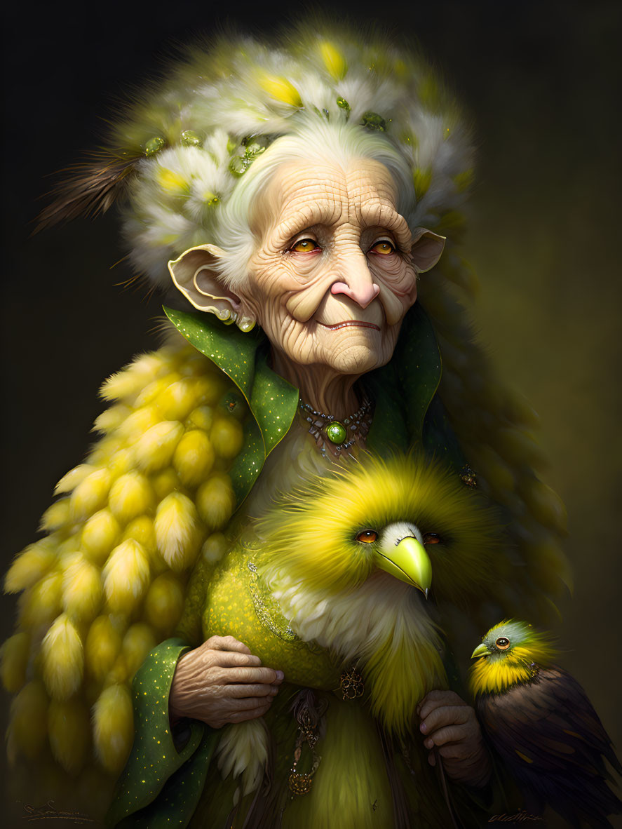 Elderly character in green and yellow feathers with exotic bird companions