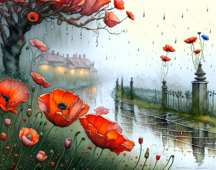 Vibrant red poppies in rainy canal scene with streetlights and houses.