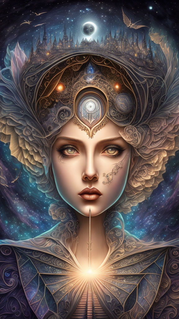 Woman with Cosmic and Nature Elements in Digital Art