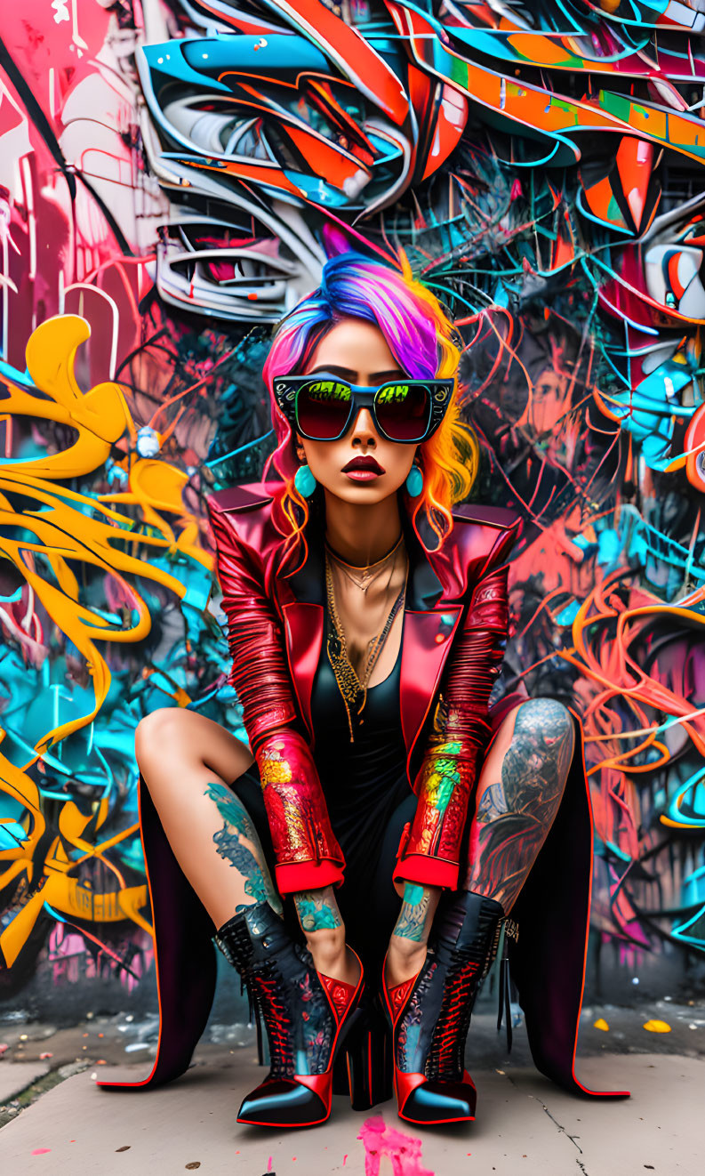 Tattooed woman in high heels and sunglasses against graffiti backdrop