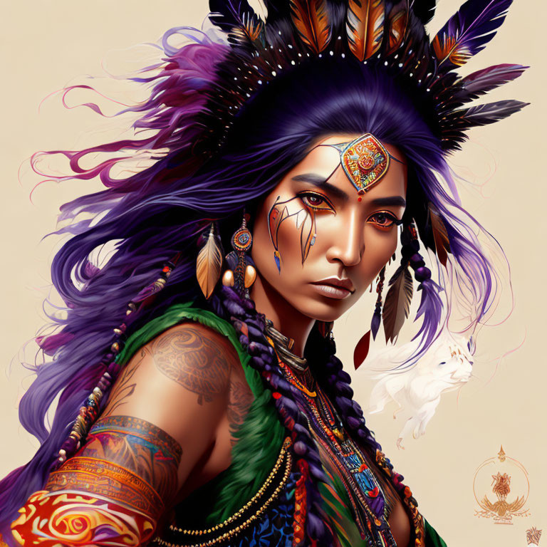 Colorful headdress, tattoos, tribal jewelry in woman portrait with feathered creature