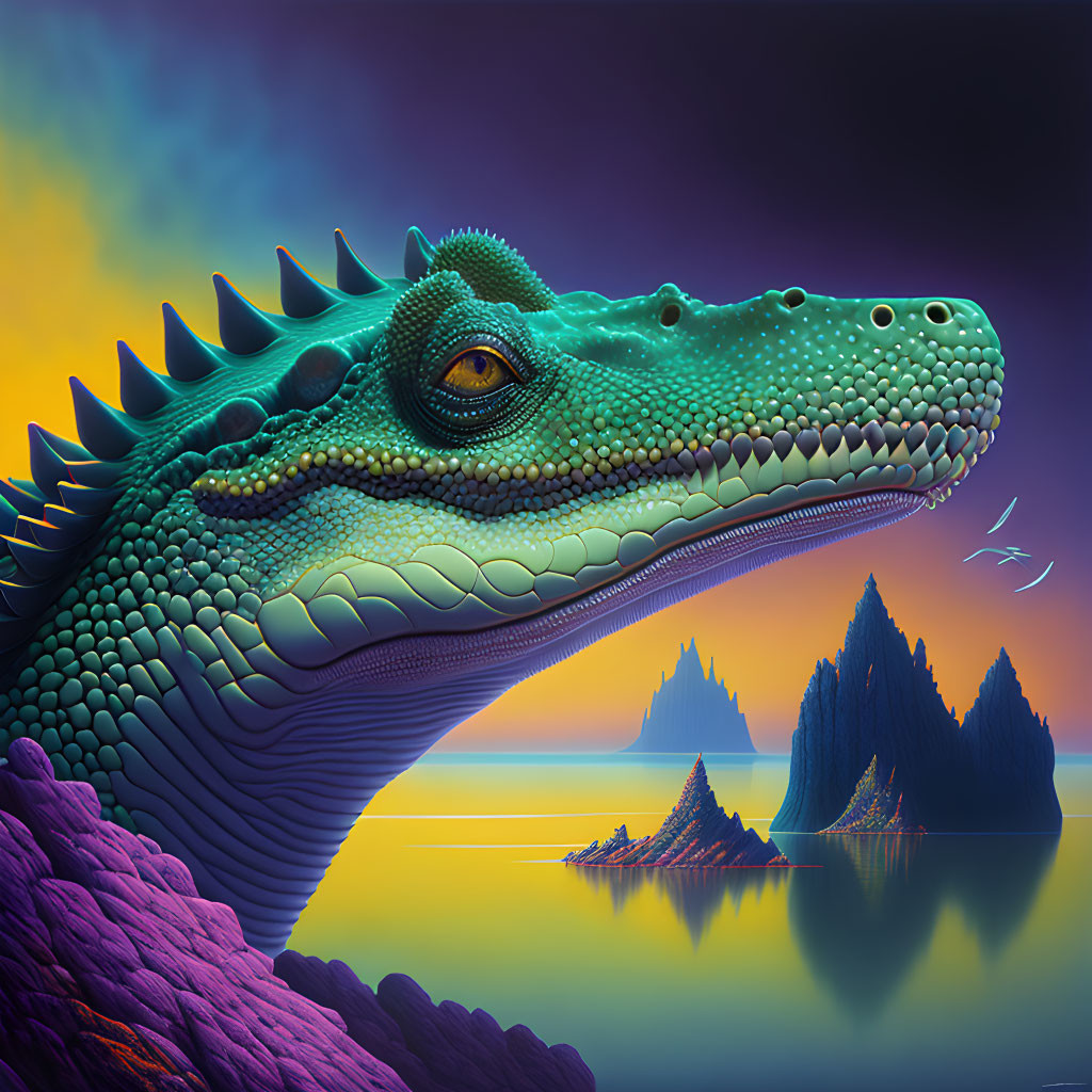 Colorful digital artwork: Alligator in surreal landscape