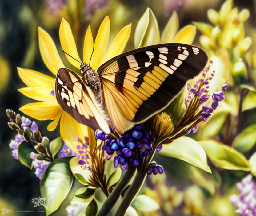 Colorful Butterfly Resting on Yellow Flowers with Purple Accents