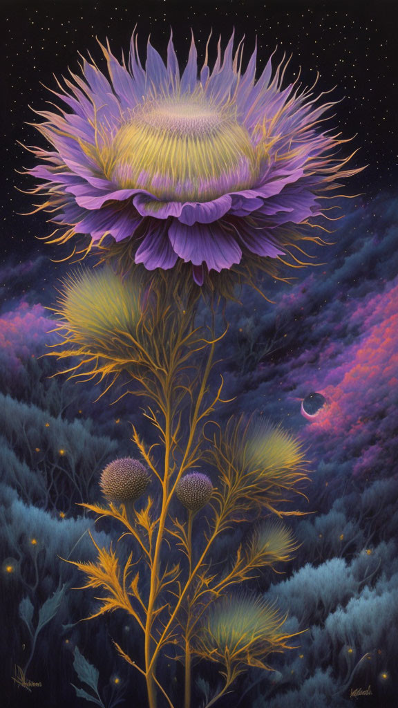 Large purple flower painting on starry night sky with hills & crescent moon