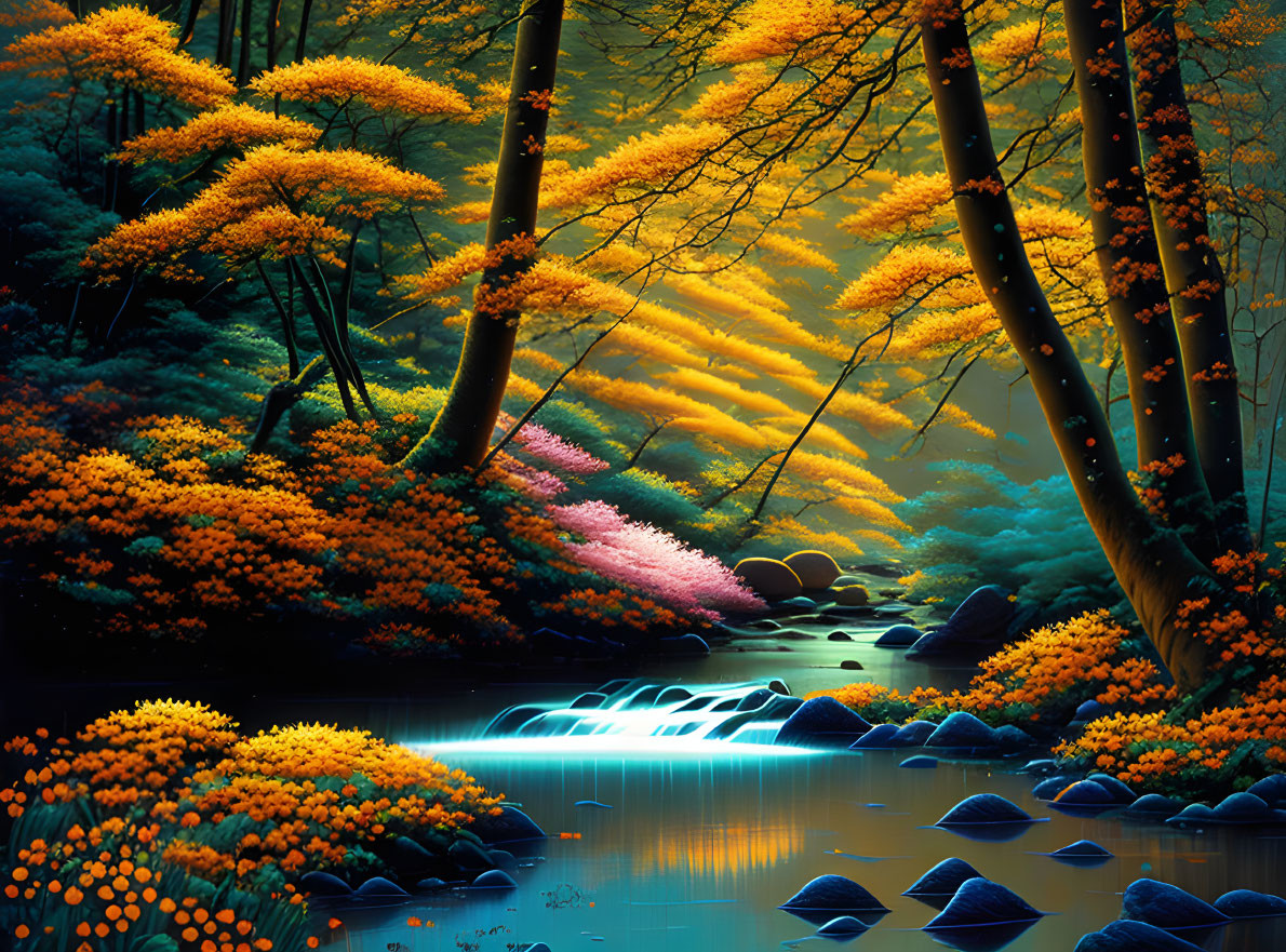 Twilight forest scene with glowing foliage, serene stream, and small waterfall