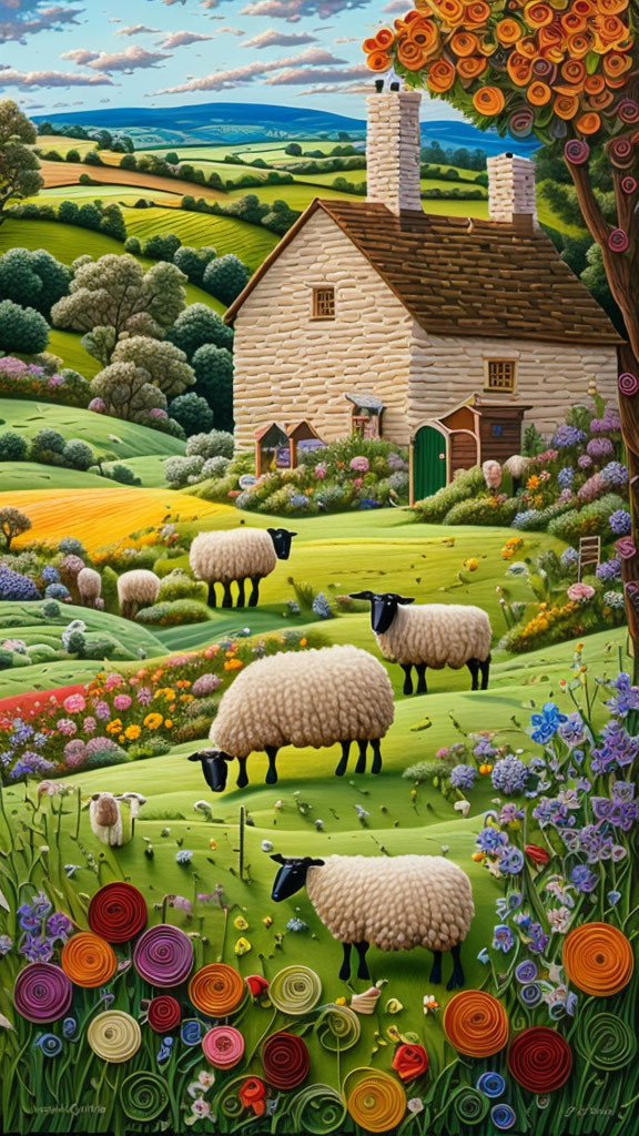 Country Scene: Sheep Grazing by Stone Cottage and Vibrant Flowers