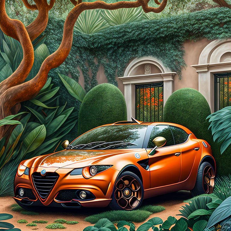 Orange Alfa Romeo parked in garden near building with arched windows