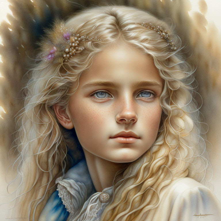 Young girl portrait with curly blonde hair and jeweled headpiece.