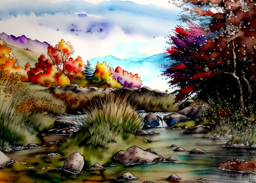 Colorful Watercolor Landscape: Serene River & Mountains