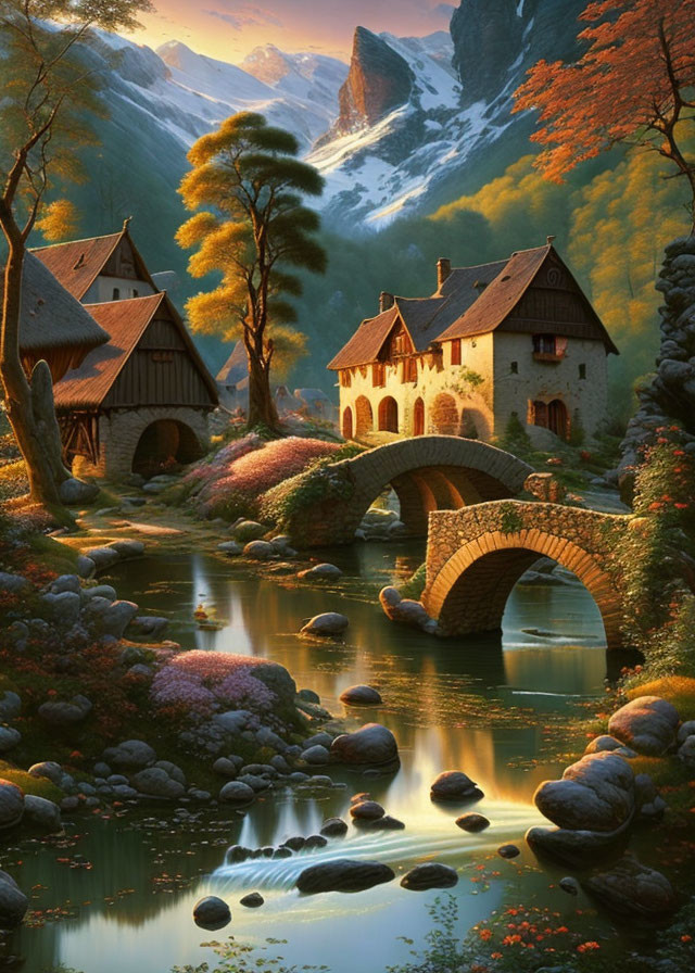 Medieval village with stone houses, arched bridge, river, trees, mountains at sunset