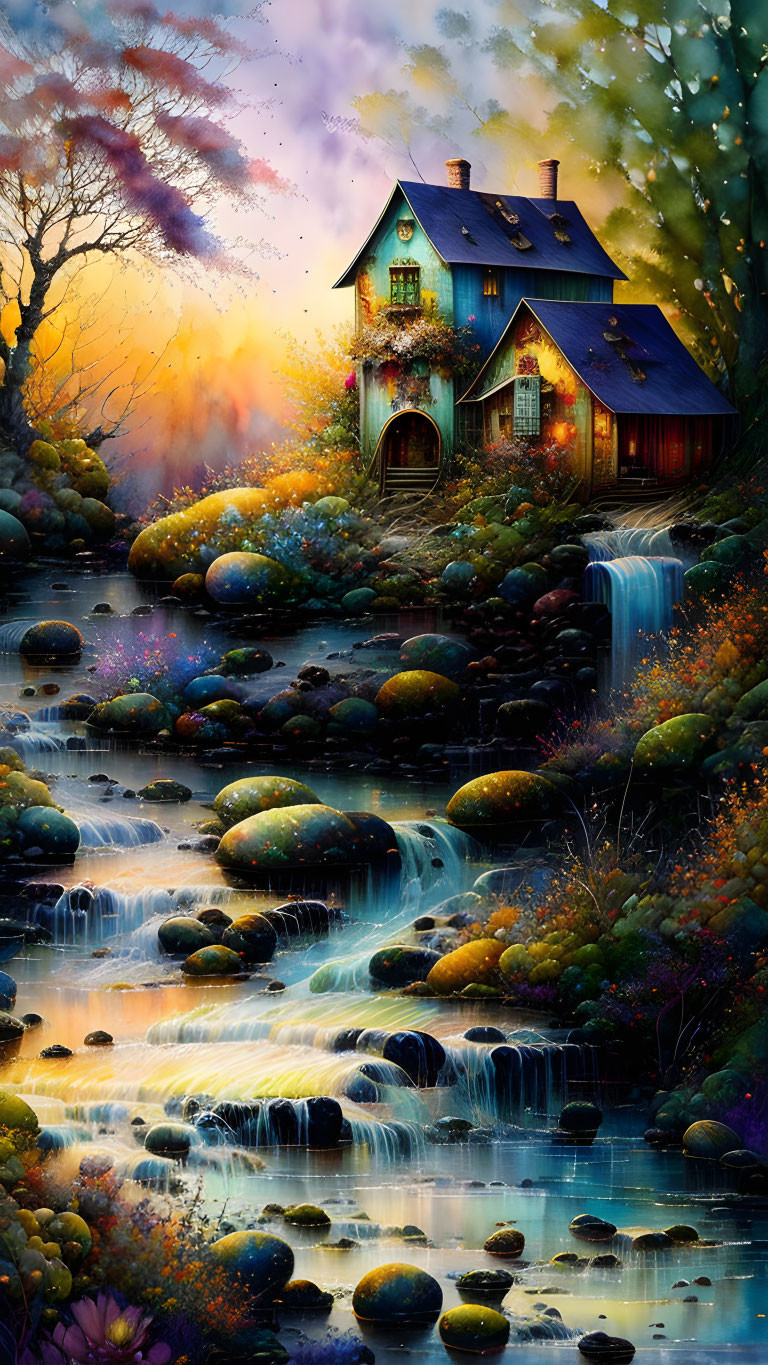 Tranquil house by stream with waterfalls and sunset glow