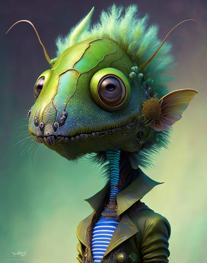 Digital portrait of anthropomorphic insect-like creature in stylish attire