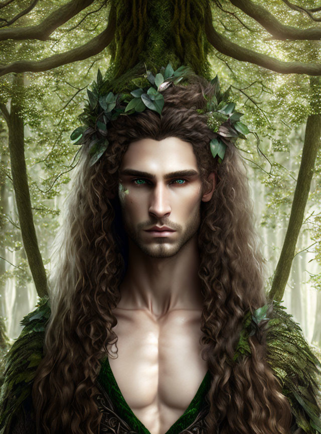 Male figure with leafy crown in mystical forest setting