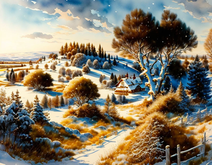 Snow-covered winter landscape with quaint house and pine trees