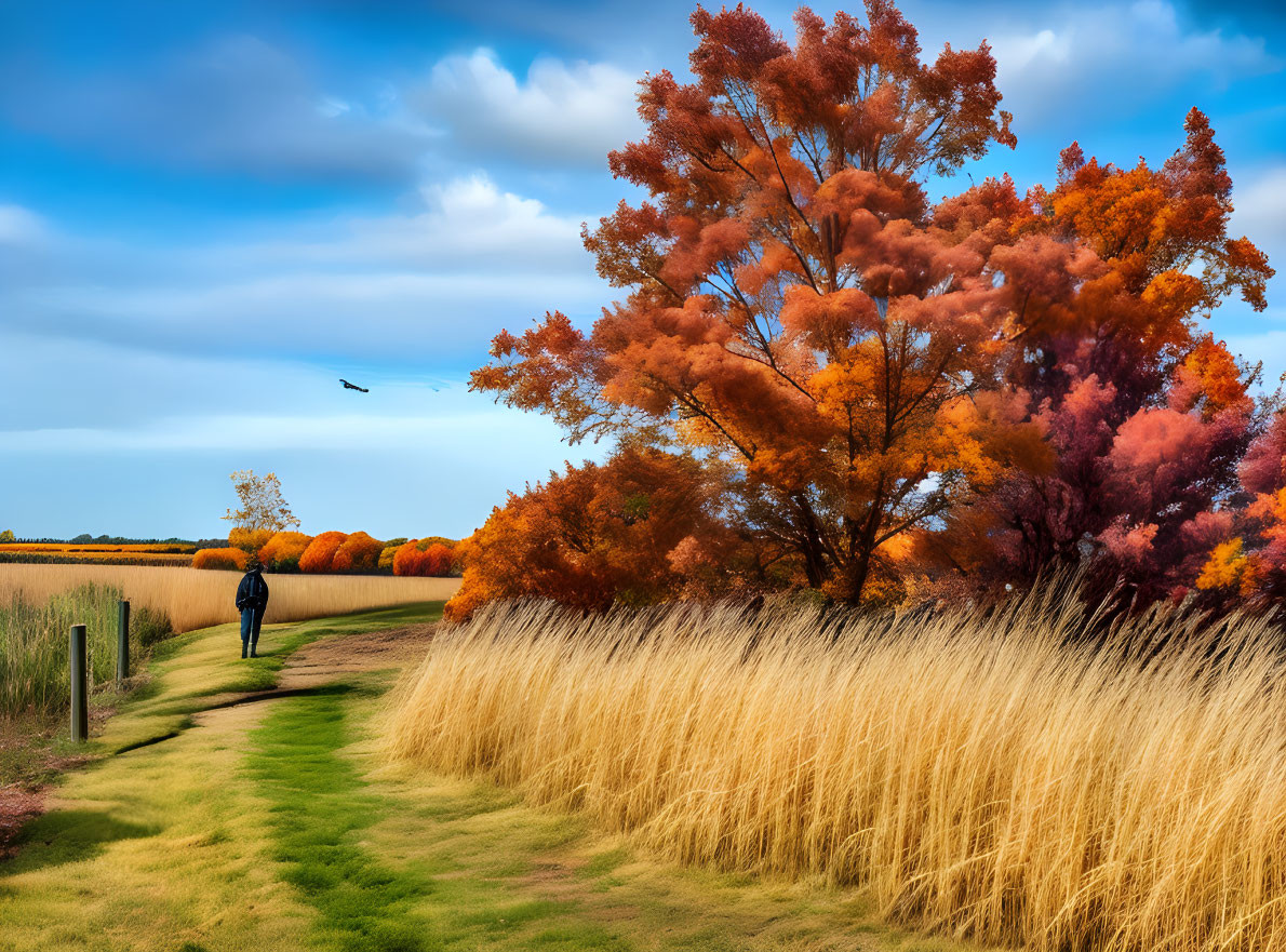 Vibrant autumn landscape with orange trees and blue sky