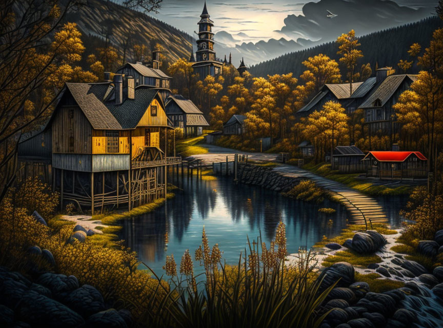 Rural village scene: wooden houses, river, autumn trees, church steeple at dusk