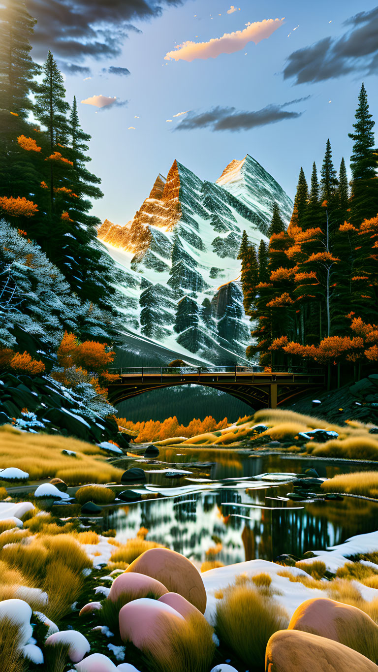 Tranquil autumn landscape with lake, bridge, and snowy mountains