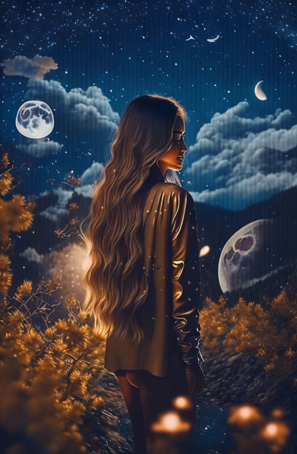 Woman with long hair in starlit field under multiple moons.