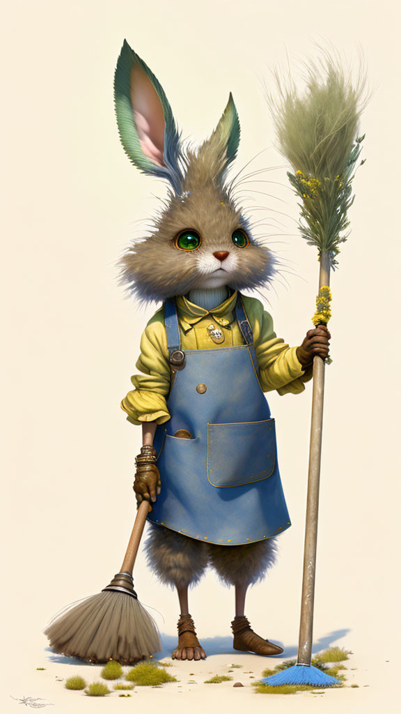 Anthropomorphic rabbit in blue apron with broom and yellow shirt