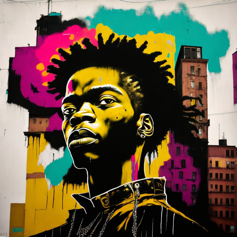 Colorful street art mural featuring afro silhouette in urban setting