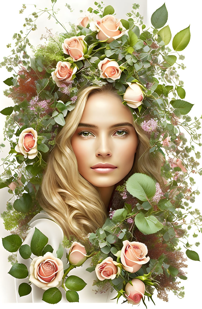 Blonde Woman Portrait with Pink Rose Wreath