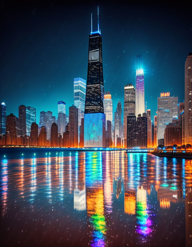 City skyline reflecting on water at night with illuminated skyscrapers and starlit sky