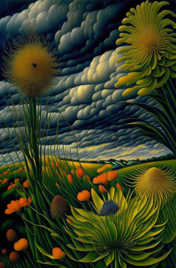 Surreal landscape with stylized plants under dramatic sky