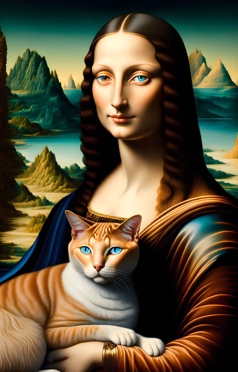 Vibrant Mona Lisa portrait with blue-eyed cat and mountain backdrop