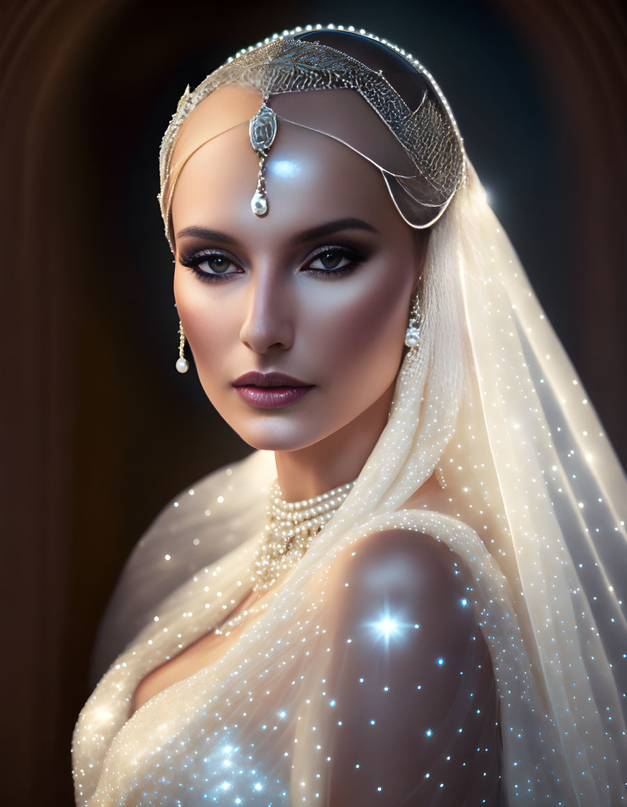 Woman with dramatic makeup and pearl headpiece in elegant setting