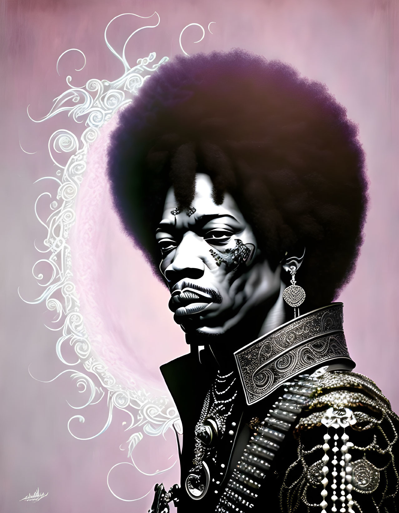 Stylized male figure with afro and jewelry on pink background