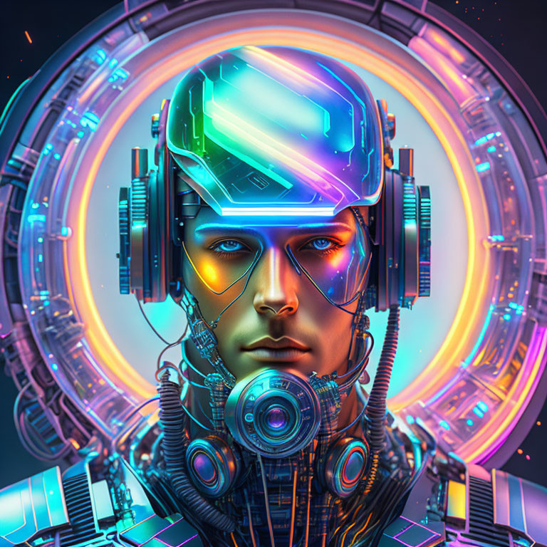 Futuristic cyborg with neon-lit rings and advanced technology