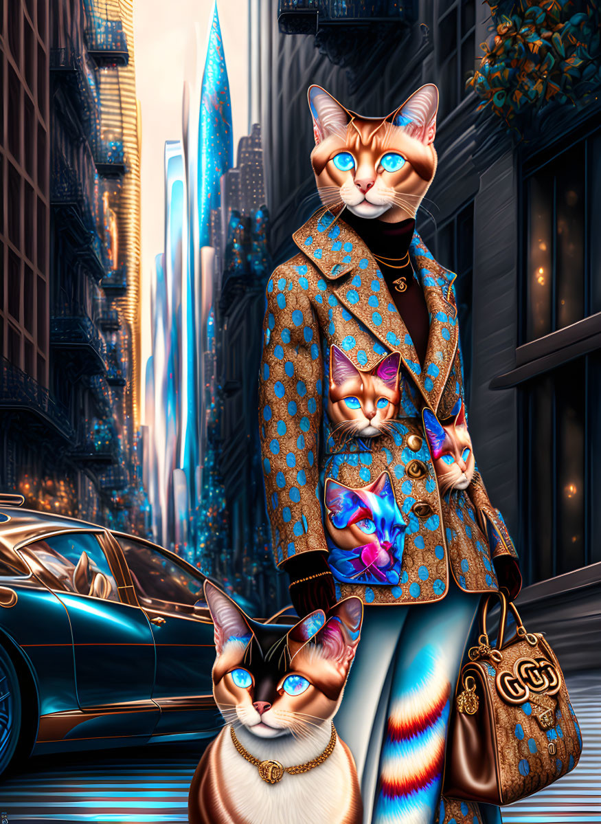 Anthropomorphic cat in stylish suit with sunglasses and designer bag on vibrant city street