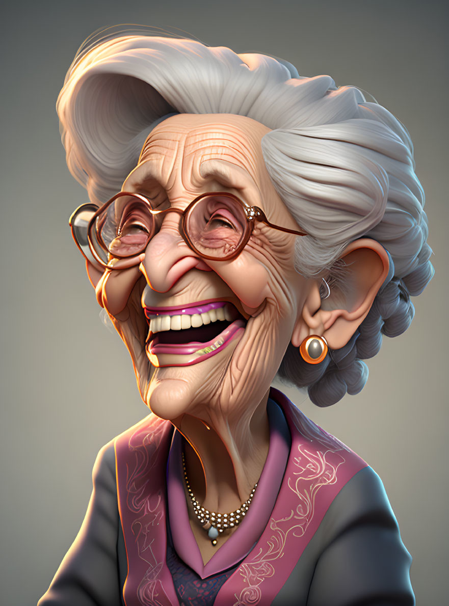 3D illustration of smiling elderly woman in pink outfit