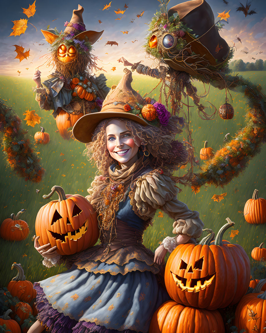 Festive Halloween scene with woman, pumpkins, scarecrows, and autumn foliage