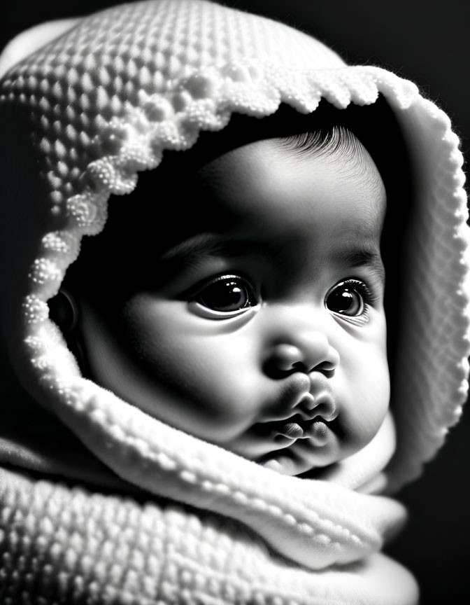 Monochrome infant portrait with knitted hood, intense gaze