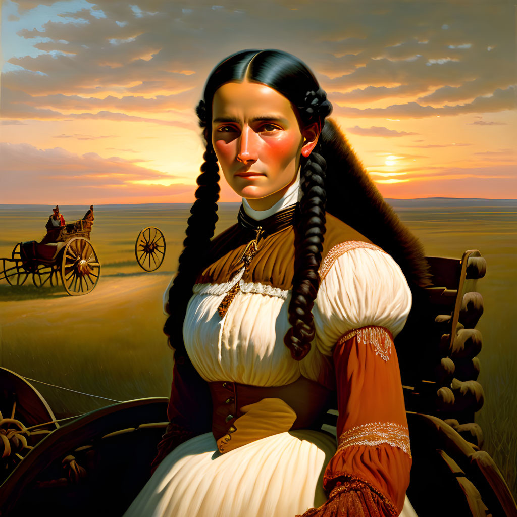 19th-Century Woman in Prairie Sunset with Horse-Drawn Wagon