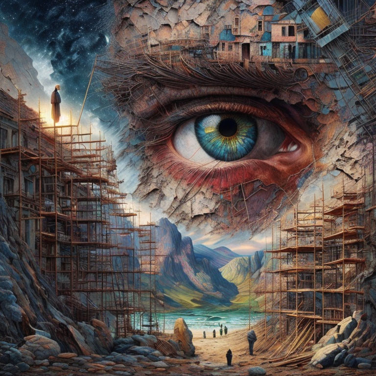 Enormous eye opens in rocky facade revealing lush valley with person and scaffolding