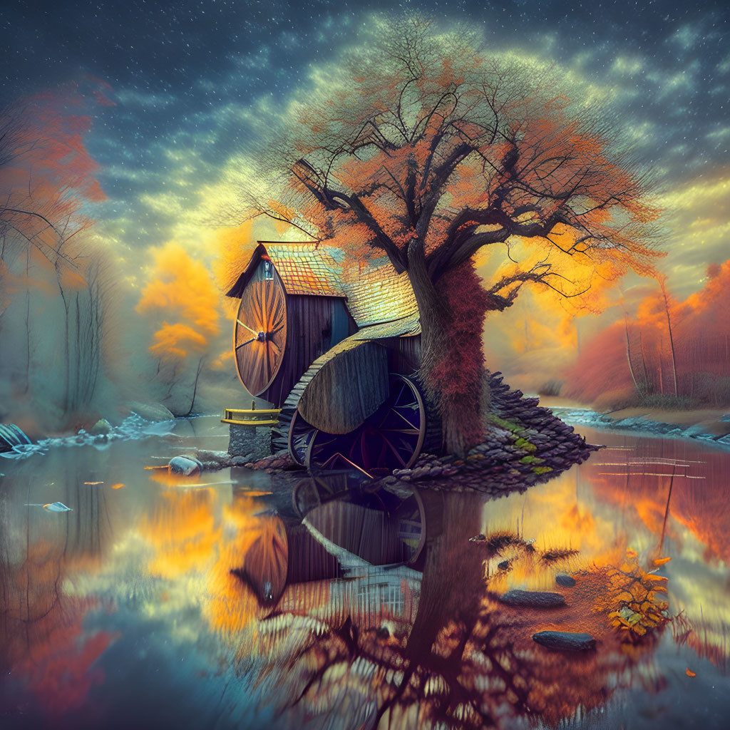 Twilight watermill and tree by calm water in autumn