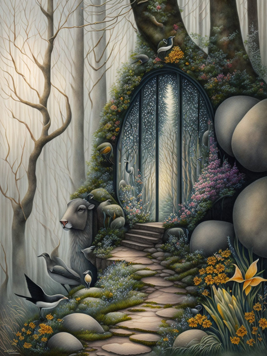 Enchanting forest scene with arched doorway and wildlife