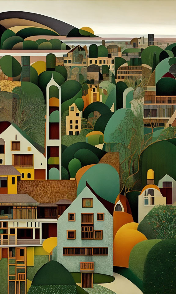 Stylized Landscape of a Serene Village in Nature
