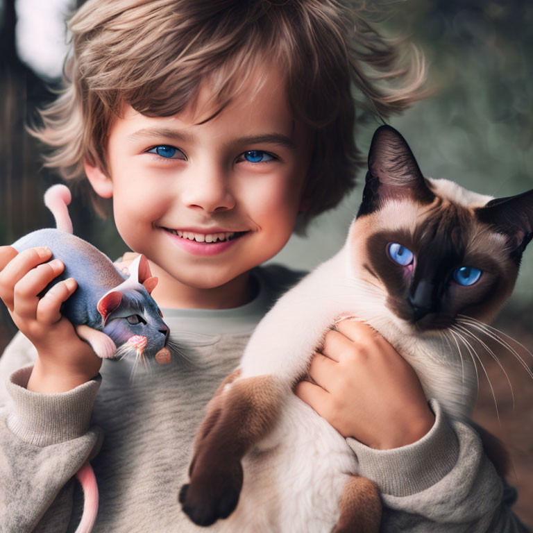 Young boy with Siamese cat and toy mouse.