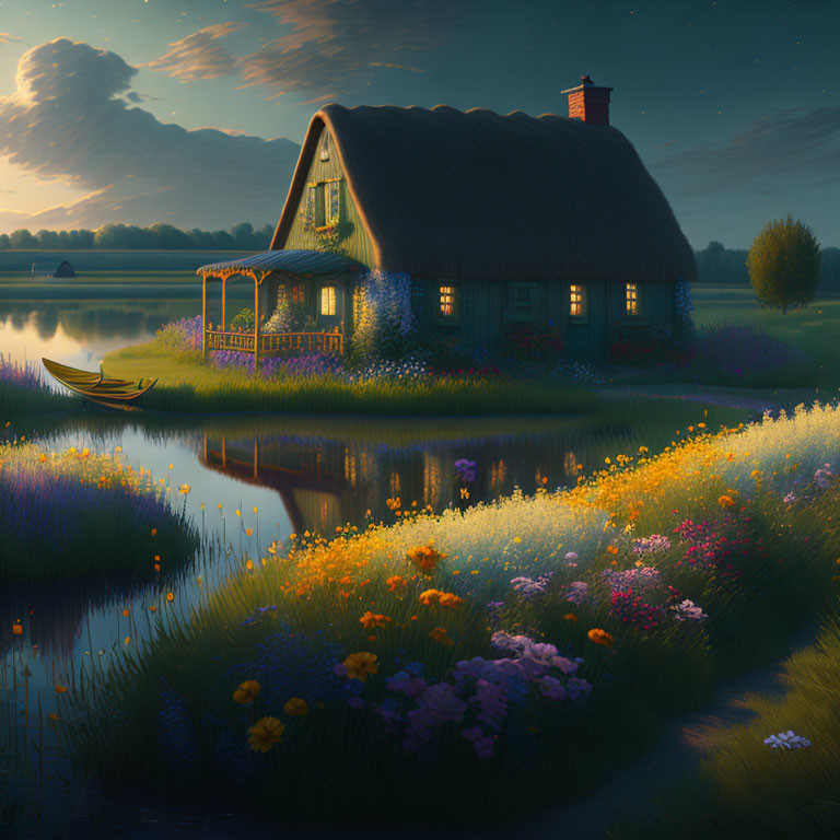 Riverside thatched-roof cottage at twilight with wildflowers, boat, and starry sky